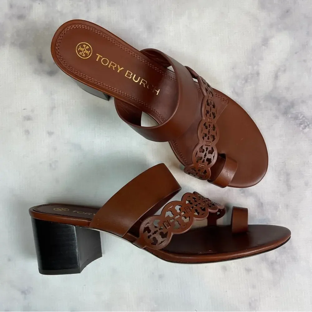 Tory Burch Tiny Miller Toe Ring Laser Cut Sandals Block Heel Slides NWOB Sz 10